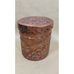 Artesanias Rocio Hand Tooled Leather Canister Box Made in Ecuador Brown Sun Face